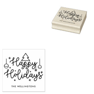 Happy Holidays Cute Script Family Name Rubber Stamp