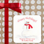 Happy Holidays Cute Smiling Snowman Christmas Square Sticker<br><div class="desc">These cute stickers are perfect as gift tags or envelope seals. They feature a hand painted watercolor design with a smiling snowman wearing a red scarf and sporting a carrot nose. The caption reads Happy Holidays, with space for a short greeting and your name or signature below. Great way to...</div>