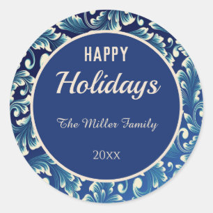 Happy Holidays Damask Leaves on Blue Classic Round Sticker
