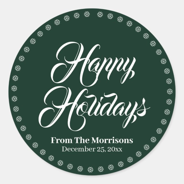 Happy Holidays dark green custom script name cute  Classic Round Sticker (Front)