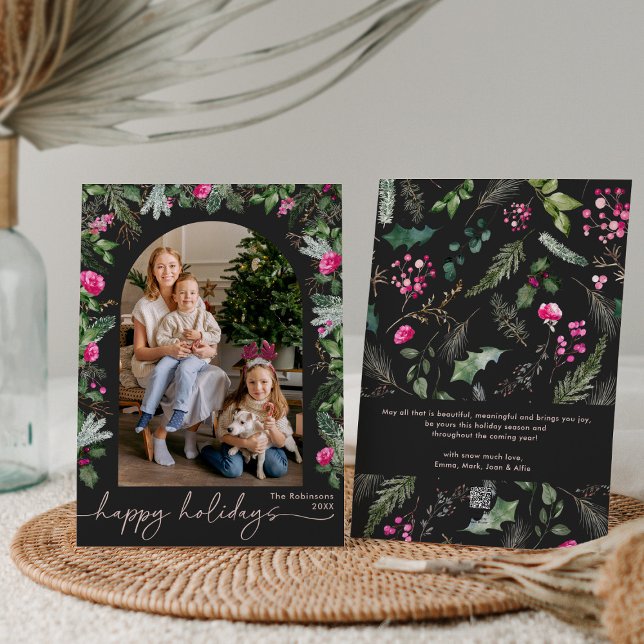 Happy Holidays Dark Grey Pink Greenery Arch Photo Holiday Card (Creator Uploaded)