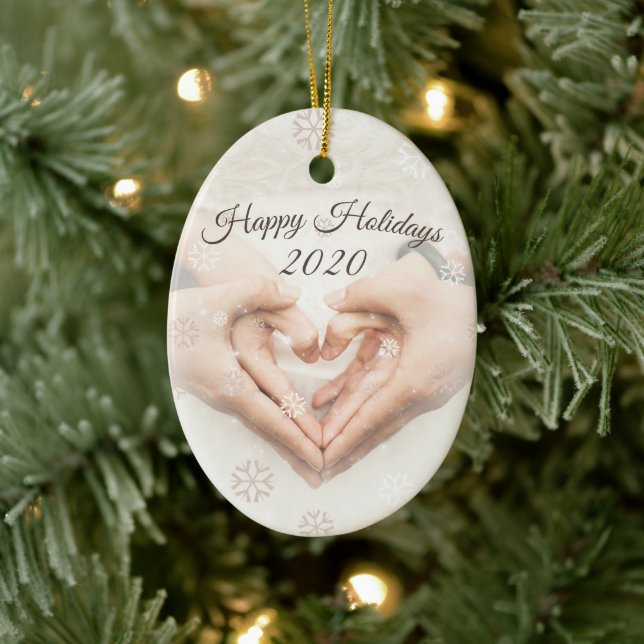Happy Holidays & Date. Elegant photo heart hands Ceramic Ornament (Tree)