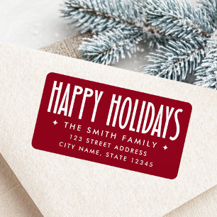 Happy Holidays deep red return address Label