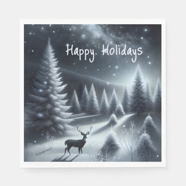 Happy Holidays Deer In Winter Forest Napkin (Front)