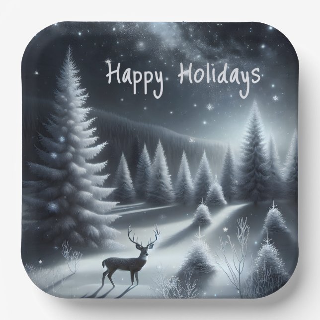Happy Holidays Deer In Winter Forest Paper Plate (Front)