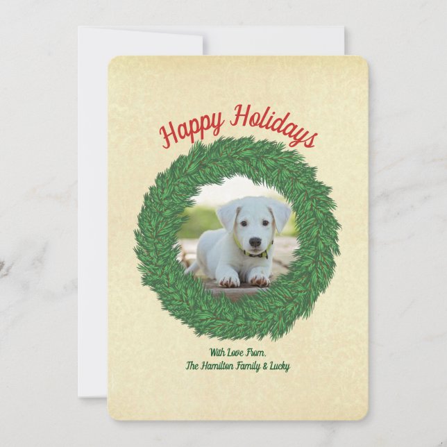 Happy Holidays Dog in Wreath Pet Photo Holiday Card (Front)