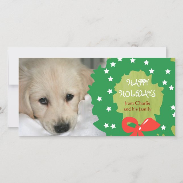 Happy Holidays Dog Photo Cards Wreath Green (Front)