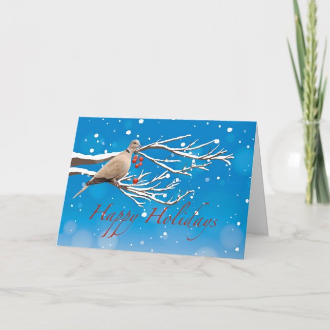 Happy Holidays Dove in Winter Tree with Berries Holiday Card (Front)