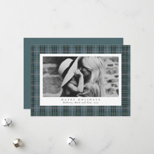 Happy Holidays Dusty Blue Plaid One Photo Holiday Card
