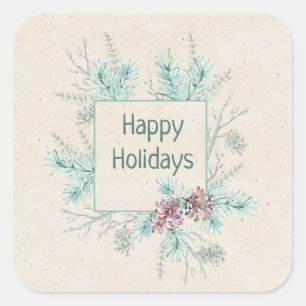 Happy Holidays Editable Text Winter Foliage Square Sticker