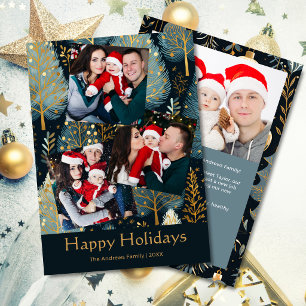 Happy Holidays Elegant 4 Photo Gold Green Holiday Card