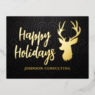 Happy Holidays Elegant Black Damask Reindeer Foil Holiday Postcard