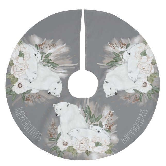 Happy Holidays Elegant Grey and White Polar Bear Brushed Polyester Tree Skirt (Front)