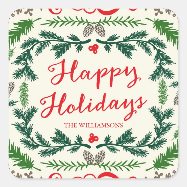 Happy Holidays Elegant Pine Gift Tag Stickers (Front)