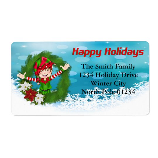 Happy Holidays Elf in Wreath Shipping Label