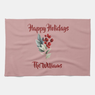 Happy Holidays Family Name Christmas Cherry Kitchen Towel