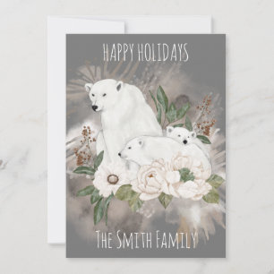 Happy Holidays Family Name Grey Polar Bear Holiday Card