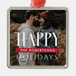 Happy Holidays Family Name Red Banner Photo Metal Ornament