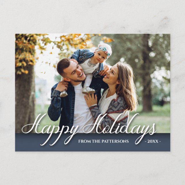 Happy Holidays Family Photo Elegant Modern Blue Postcard (Front)
