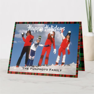 Happy Holidays Family Photo Name Message Red Plaid Card