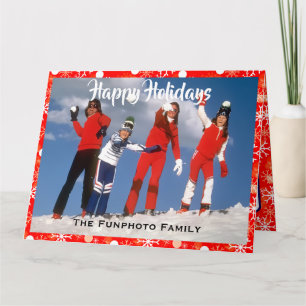 Happy Holidays Family Photo Name Snowflakes on Red Card