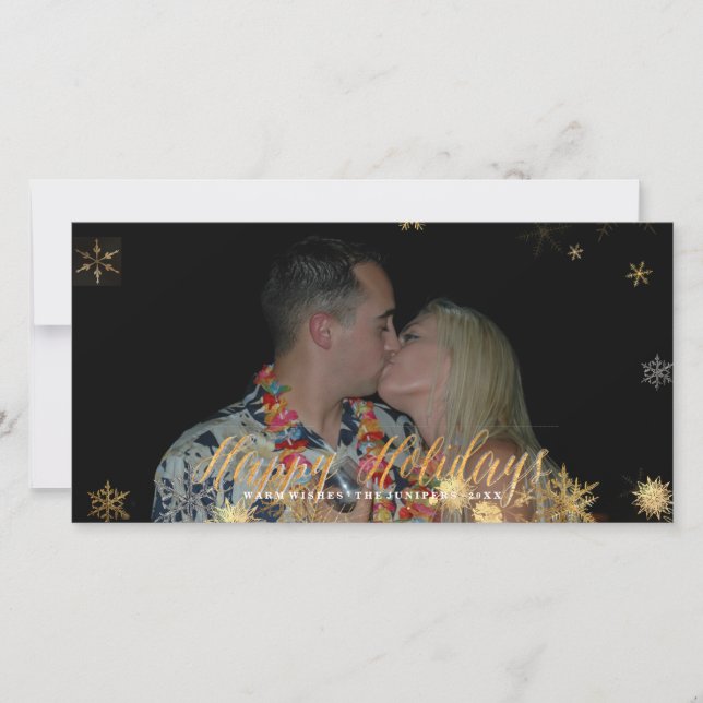 Happy Holidays Faux Rose Gold+Snowflakes Holiday Card (Front)