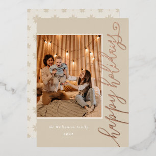 Happy Holidays Festive Cream Script Photo Gold Foil Holiday Card