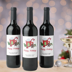Happy Holidays Festive Cute Script Wine Label
