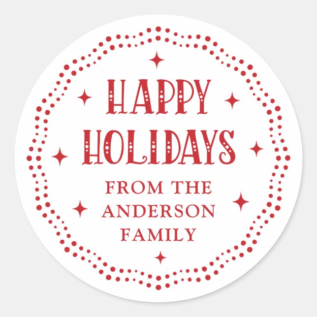 Happy Holidays festive font dot border red white Classic Round Sticker (Front)