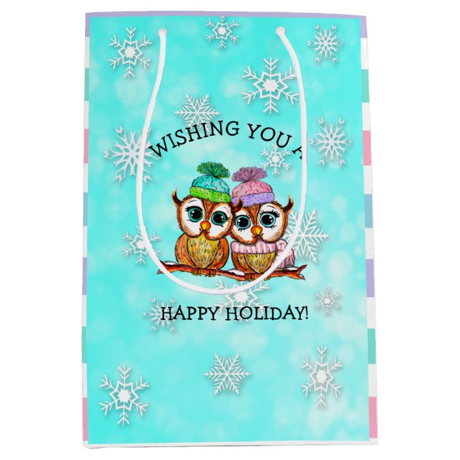 Happy Holidays, Festive Owls with Snowflakes Medium Gift Bag (Front)