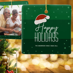 Happy Holidays Festive Typography Family Photo Ceramic Ornament