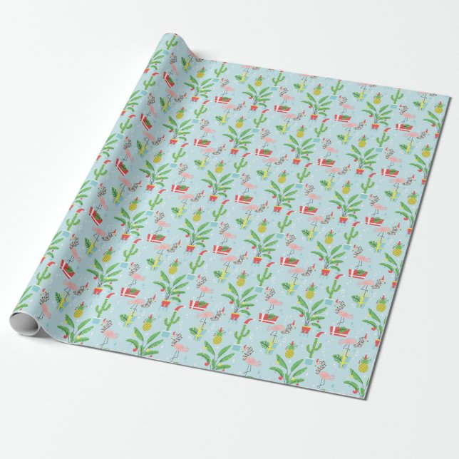 Happy Holidays | Flamingo & Pineapple Pattern Wrapping Paper (Unrolled)