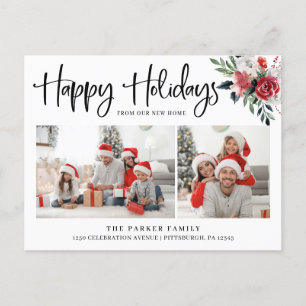 Happy Holidays   Floral Change of Address Photo Holiday Postcard