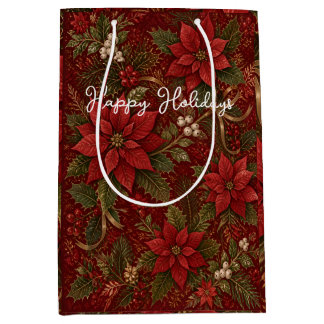 Happy Holidays Floral Crimson Christmas Medium Gift Bag