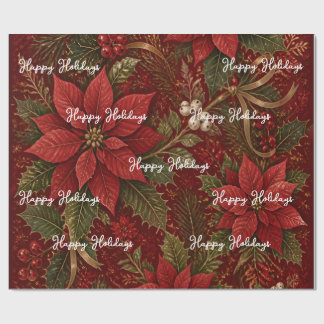 Happy Holidays Floral Crimson Christmas Wrapping Paper