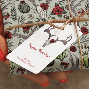 Happy Holidays Floral Reindeer Skull Bull Skull Gift Tags