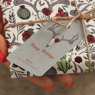 Happy Holidays Floral Reindeer Skull Bull Skull Gift Tags