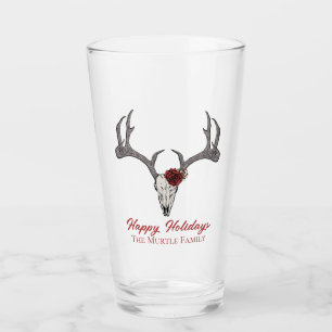 Happy Holidays Floral Reindeer Skull Bull Skull Glass