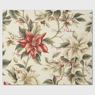 Happy Holidays Floral White Crimson Christmas  Wrapping Paper