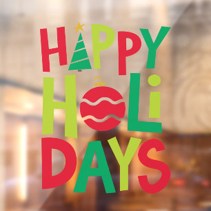 Happy holidays fun colourful red green window cling