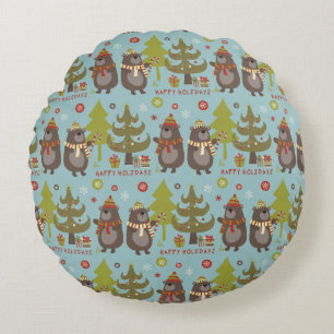 Happy Holidays Funny Christmas Bears Round Pillow