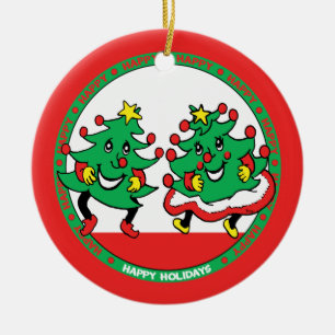 Happy Holidays Funny Dancing Christmas Trees Ceramic Ornament