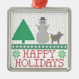 Happy Holidays Funny Dog Peeing Snowman Christmas Metal Ornament