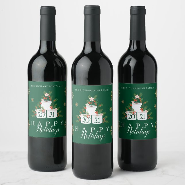Happy Holidays Funny Toilet Paper Christmas Tree Wine Label (Bottles)