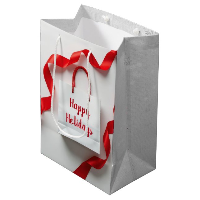 Happy Holidays Gift Bag With Red Ribbons (Front Angled)