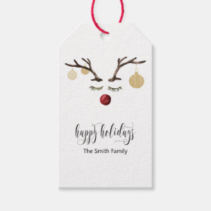 Happy Holidays Gift card with Reindeer Face Tags