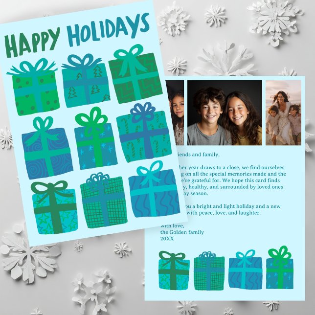 HAPPY HOLIDAYS Gifts Christmas CUSTOM 3 Photos  Holiday Card (HAPPY HOLIDAYS Gifts Christmas CUSTOM 3 Photos Blue Green Hand-drawn Holiday Card
)