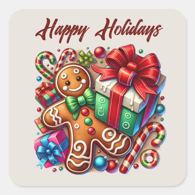 Happy Holidays gingerbread add text  Square Sticker (Front)