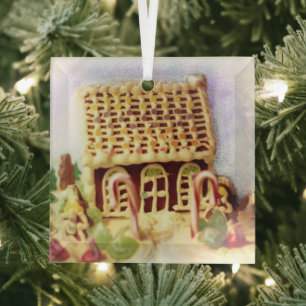 Happy Holidays Gingerbread House Square Glass Ornament