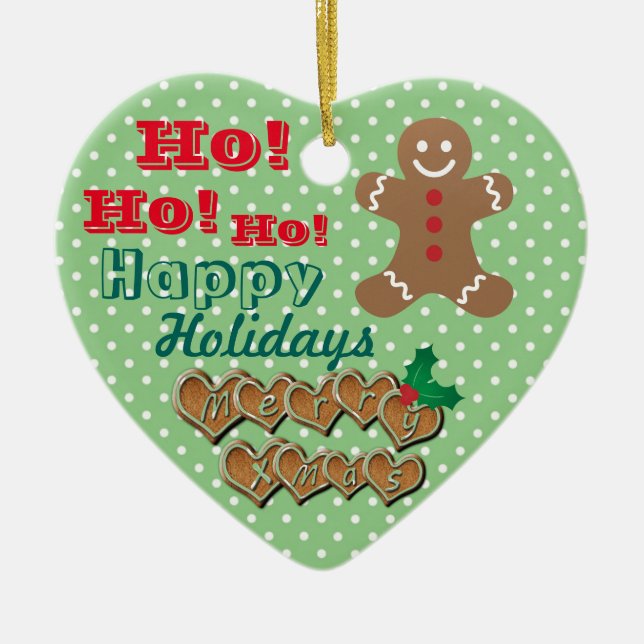 "Happy Holidays" Gingerbread Man and Dots Ceramic Ornament (Front)